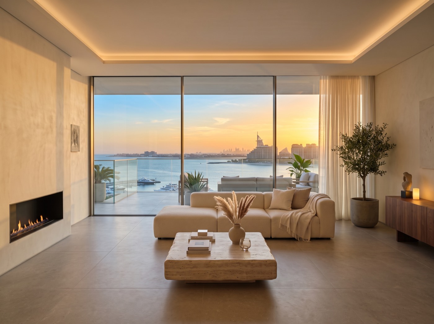 Same penthouse lounge after renovation — minimal interior with sea view glazing