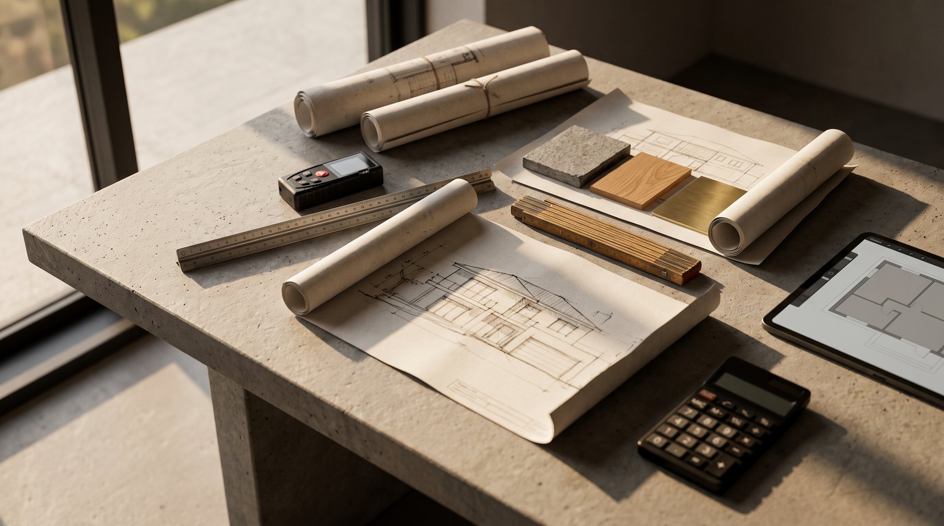 Estimating desk with drawings and a measure
