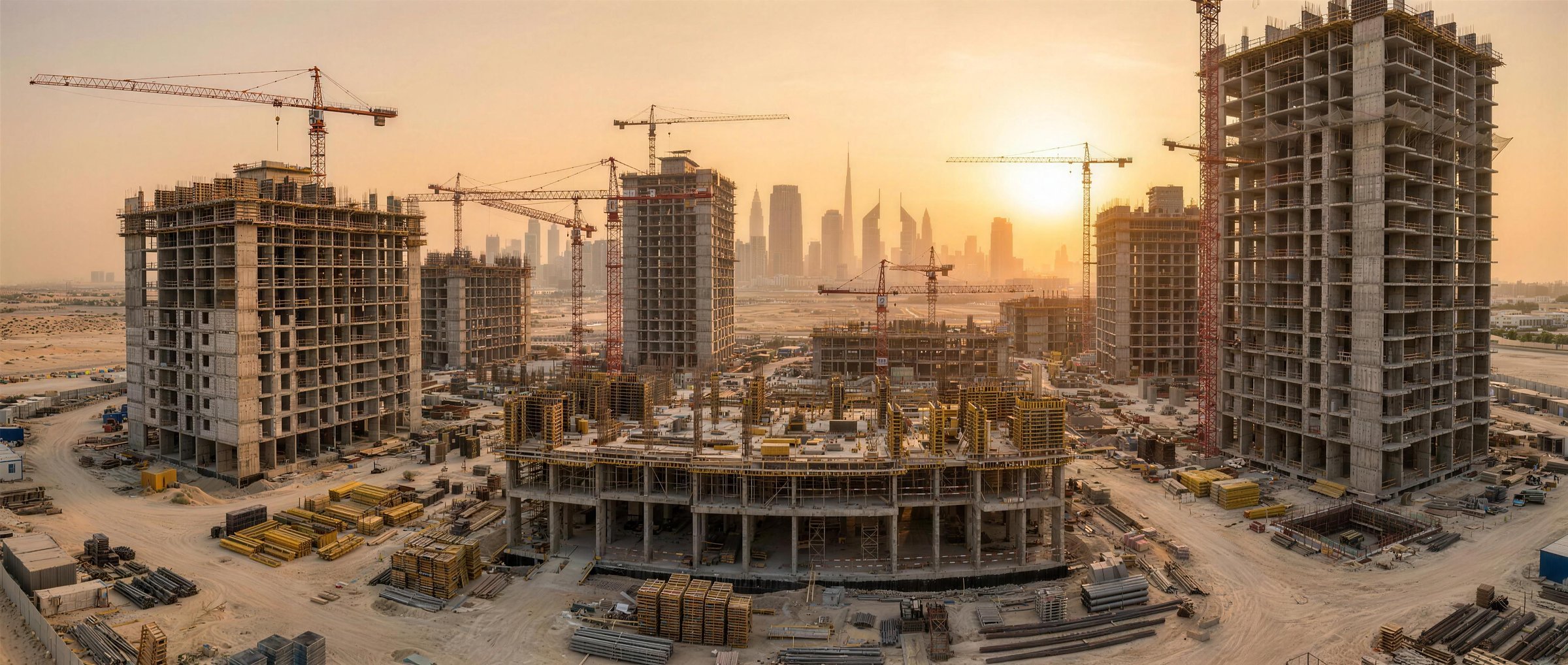 High-rise towers under construction against the Dubai skyline
