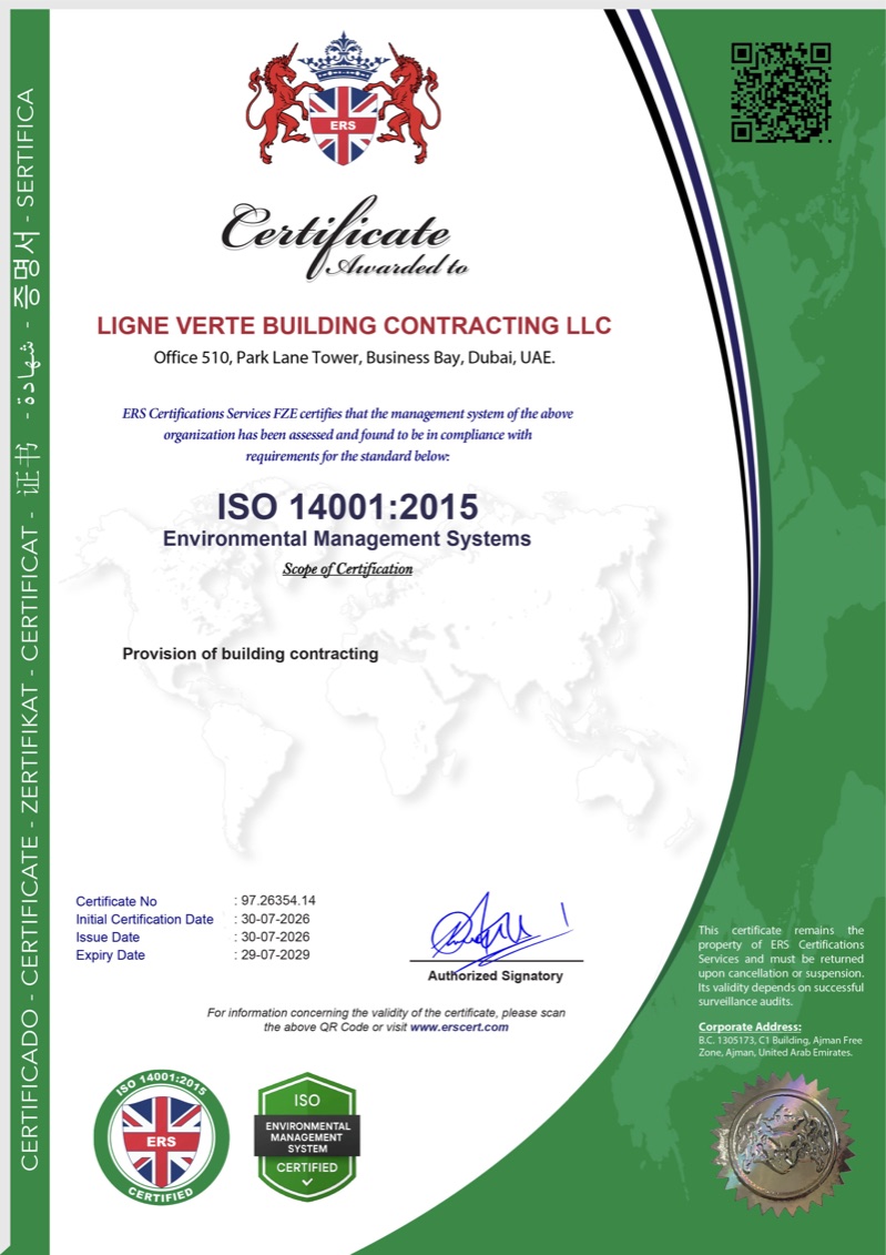 ISO 14001:2015 certificate — LIGNE VERTE Building Contracting LLC, no. 97.26354.14