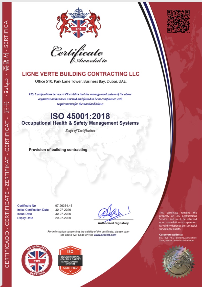 ISO 45001:2018 certificate — LIGNE VERTE Building Contracting LLC, no. 97.26354.45