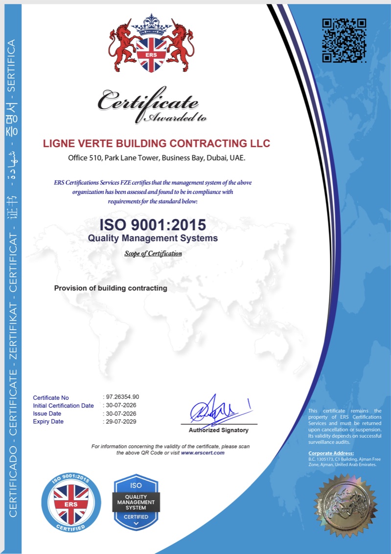 ISO 9001:2015 certificate — LIGNE VERTE Building Contracting LLC, no. 97.26354.90